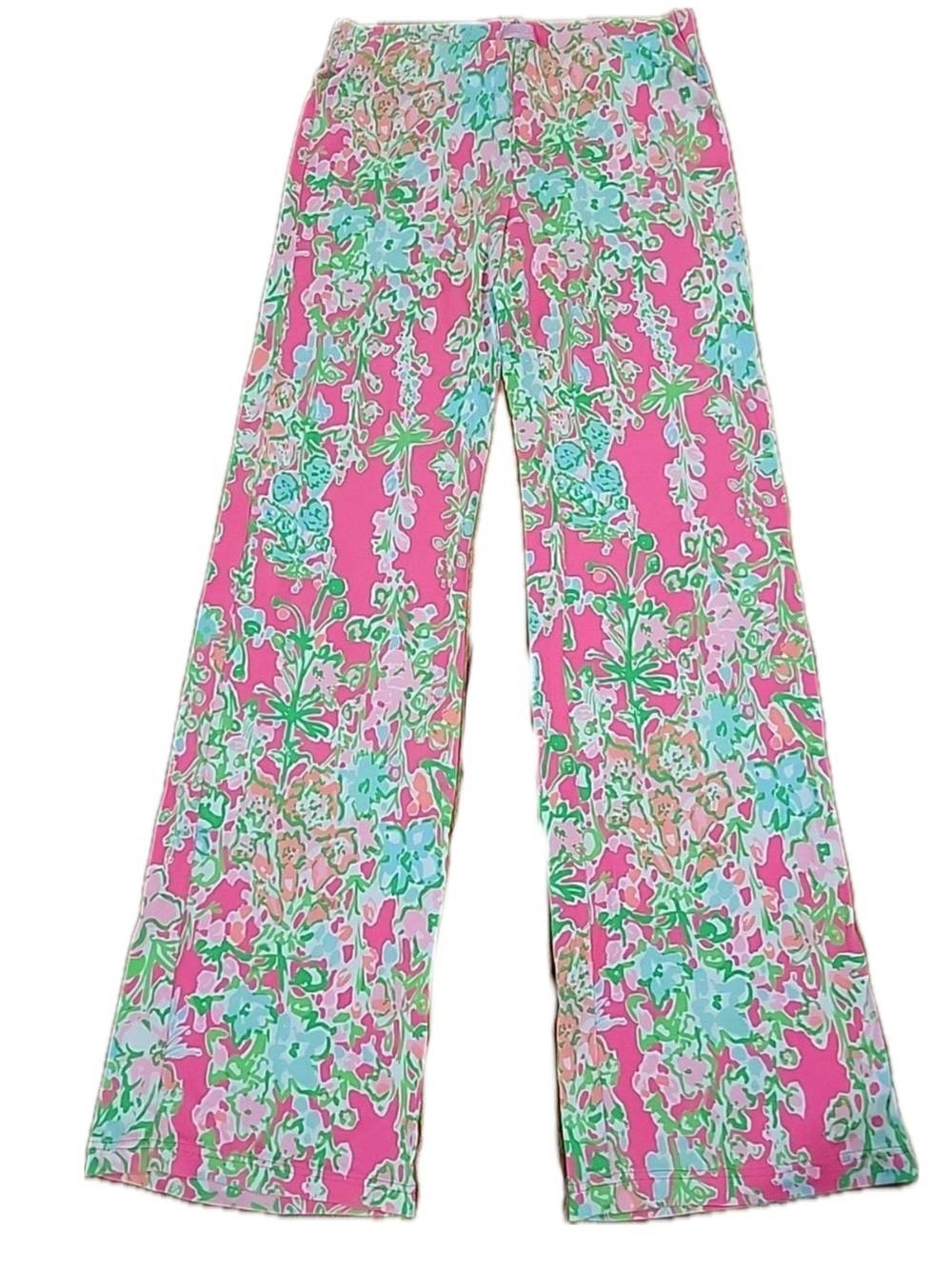 Lilly Pulitzer Pink Floral Wide-Leg Pants with Aqua & Green Motif